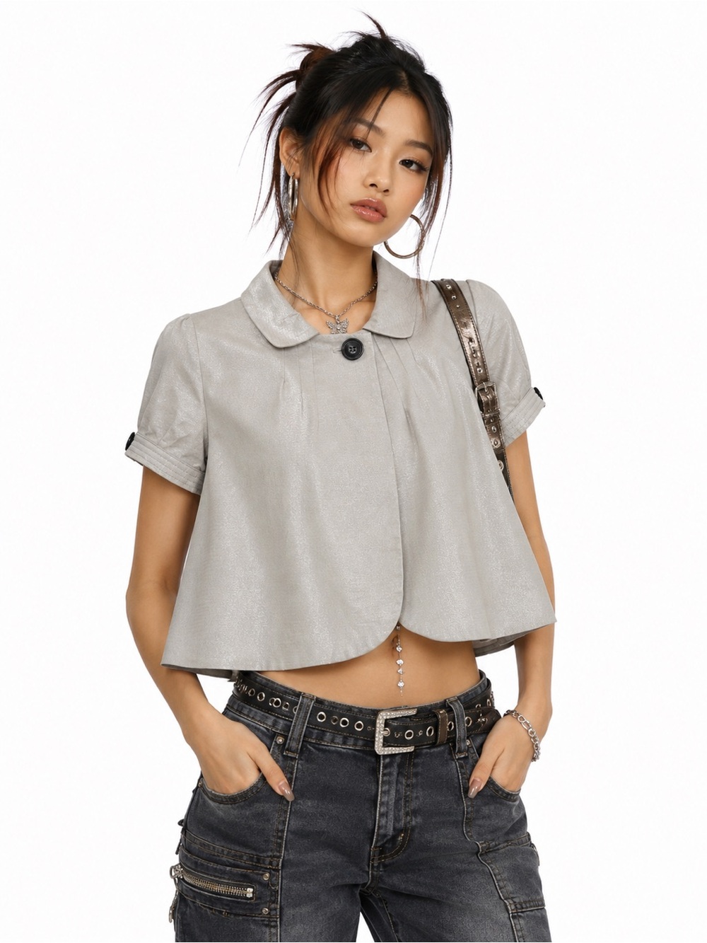 Y2K Cap Sleeve Cropped Jacket Tented Puff Twee Peter Pan Collar Cutecore Tumblr